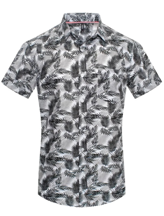 Toku palm print shirt short sleeved button up with black and white tropical leaf pattern on light gray fabric