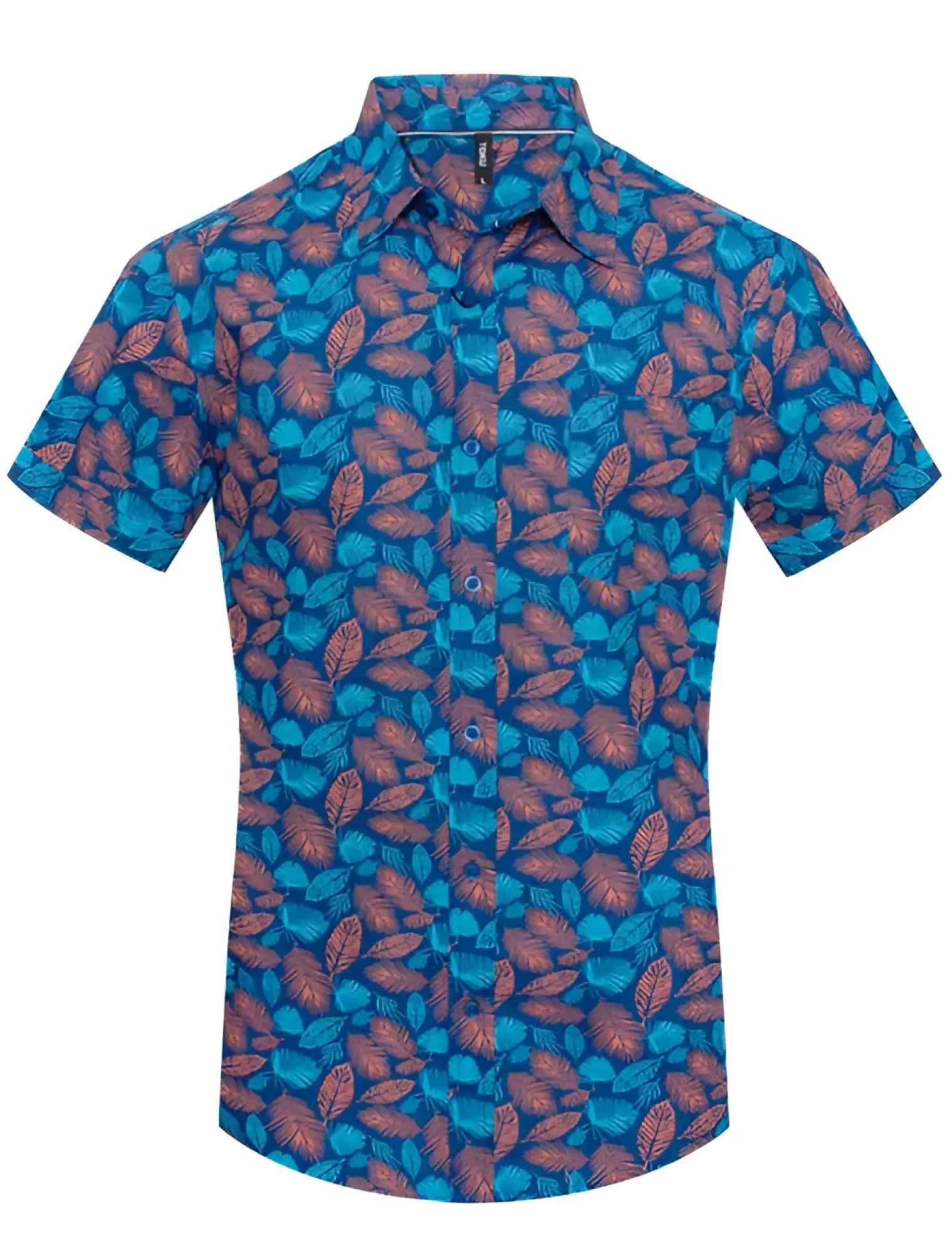 Toku palm print shirt is a vibrant blue short-sleeved button-up featuring rust-colored leaf patterns