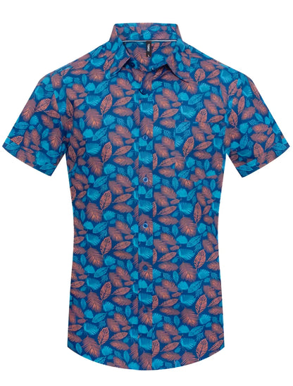 Toku palm print shirt is a vibrant blue short-sleeved button-up featuring rust-colored leaf patterns