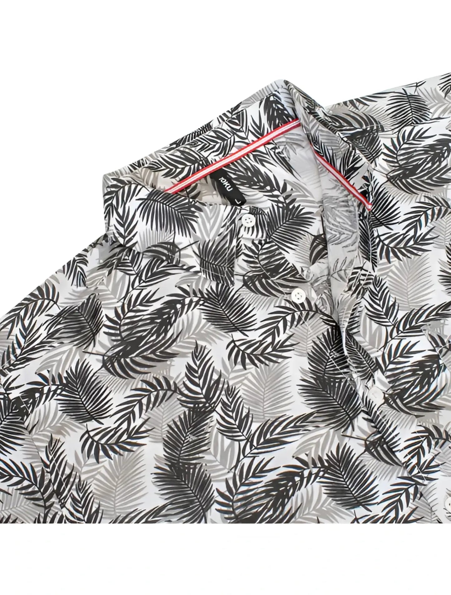 White button-up shirt toku palm print shirt with black and gray tropical palm leaf pattern and pink inner collar trim