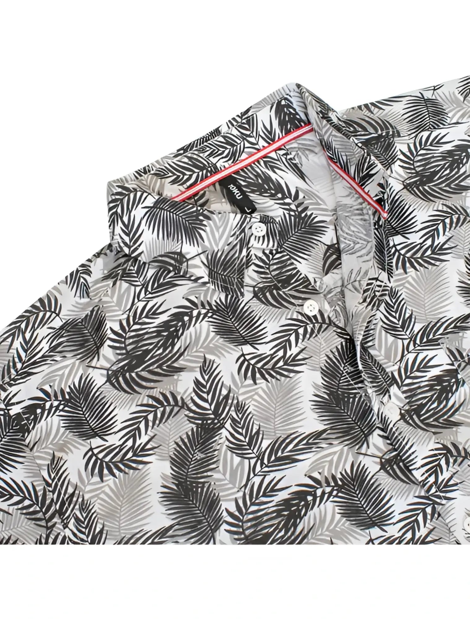 White button-up shirt toku palm print shirt with black and gray tropical palm leaf pattern and pink inner collar trim