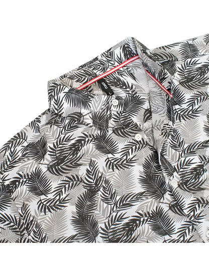 White button-up shirt toku palm print shirt with black and gray tropical palm leaf pattern and pink inner collar trim