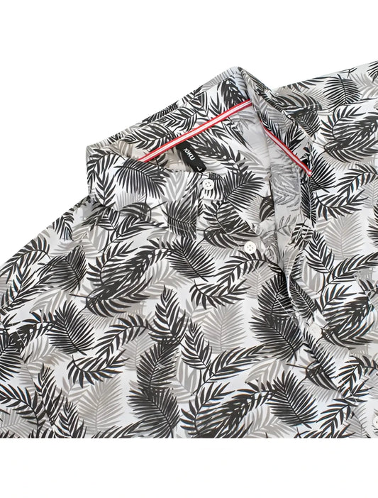 White button-up shirt toku palm print shirt with black and gray tropical palm leaf pattern and pink inner collar trim