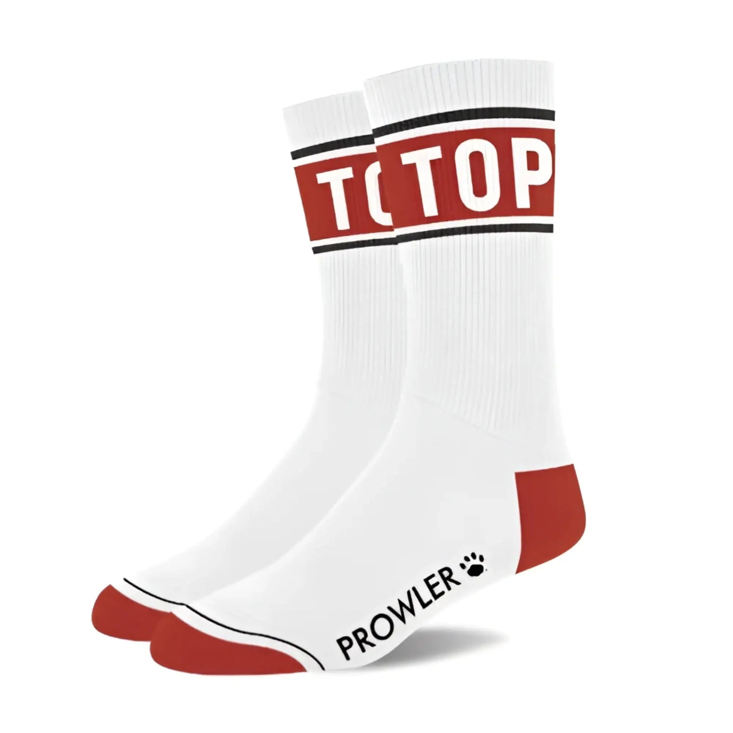 White crew socks with red and black top band red toe and heel accents featuring prowler brand name and paw logo