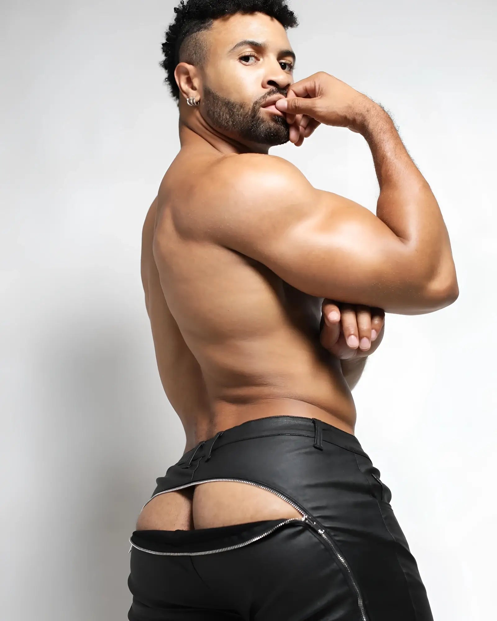 Black leather toro zipper pant shown from the back with a distinctive zipper detail on the rear side