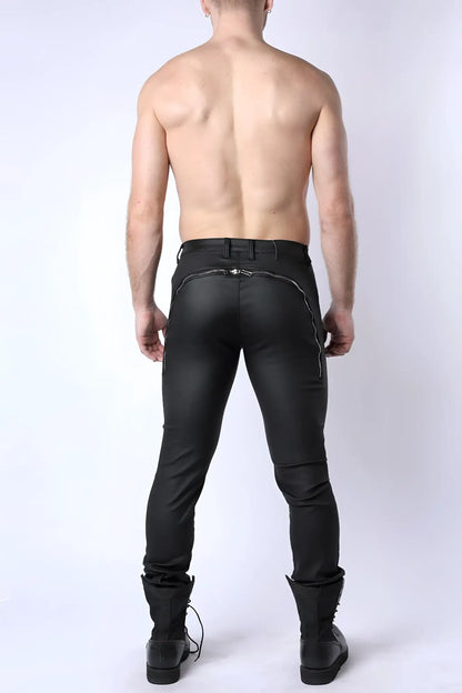 Black leather toro zipper pants with a sleek form-fitting design and silver zipper accents on the back seam
