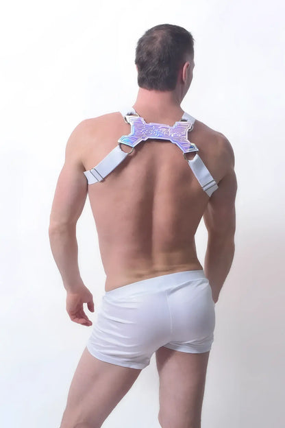Iridescent holographic transistor harness with white adjustable shoulder straps shown from the back side