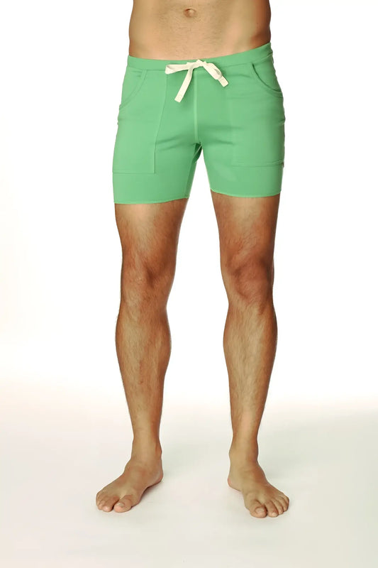 Transition yoga short bamboo green in mint with two front pockets and a cream tie made from bamboo fabric