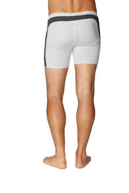 Transition yoga short in grey heathered fabric with dark gray waistband and side panels for comfortable wear