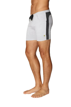Transition yoga shorts in gray heather with charcoal black side panel and drawstring waistband for activewear use