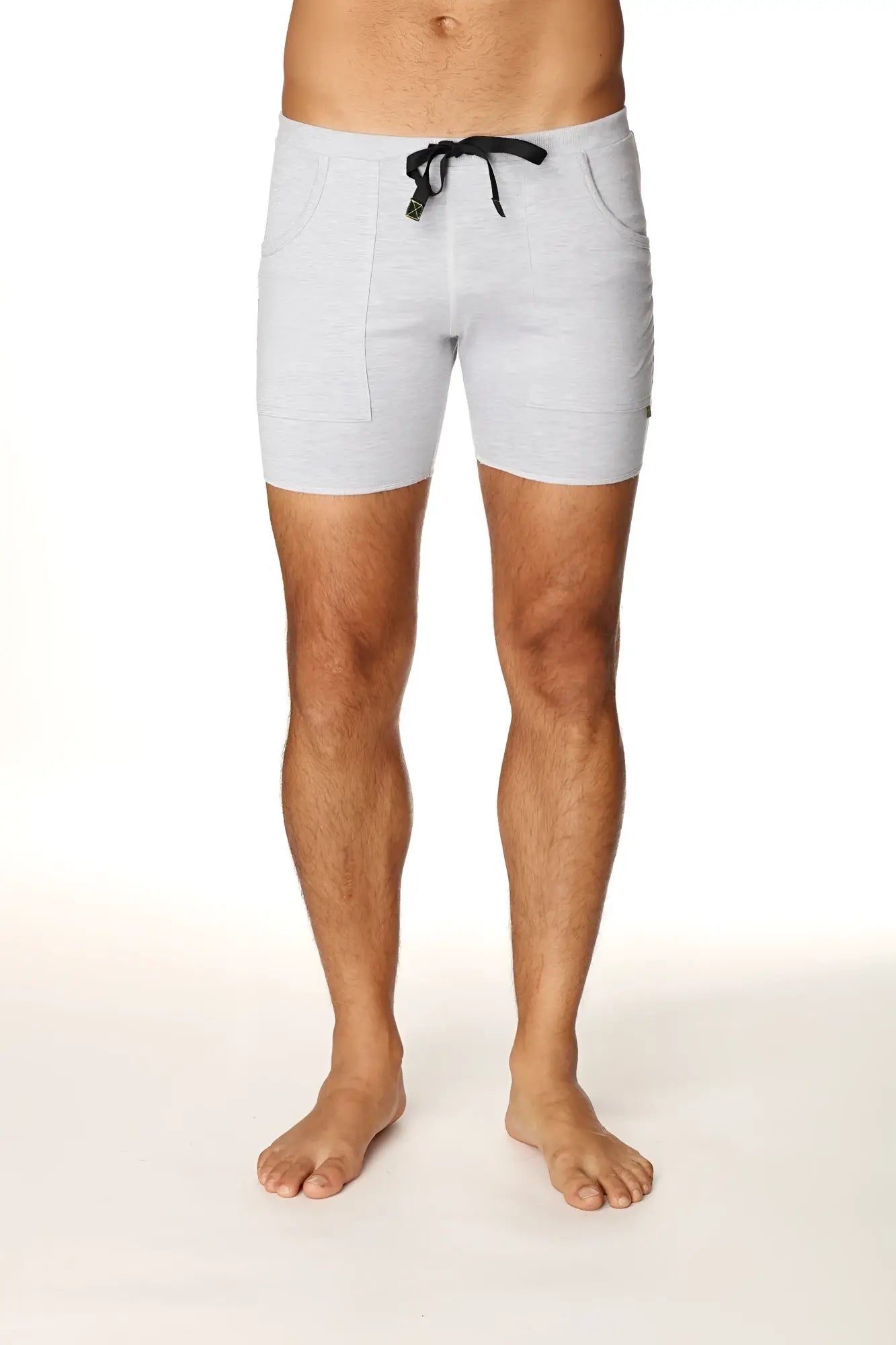 Transition yoga short in light gray heathered fabric with black drawstring and side pockets for active wear