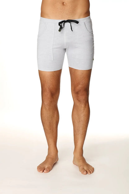 Transition yoga short in light gray heathered fabric with black drawstring and side pockets for active wear