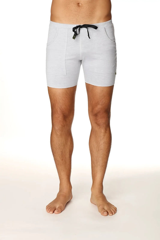 Transition yoga short in light gray heathered fabric with black drawstring and side pockets for active wear