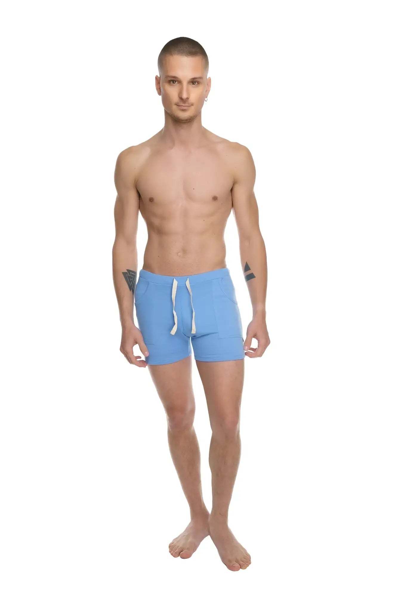 Transition yoga short ice blue featuring light blue athletic fabric with white drawstrings for comfortable activewear