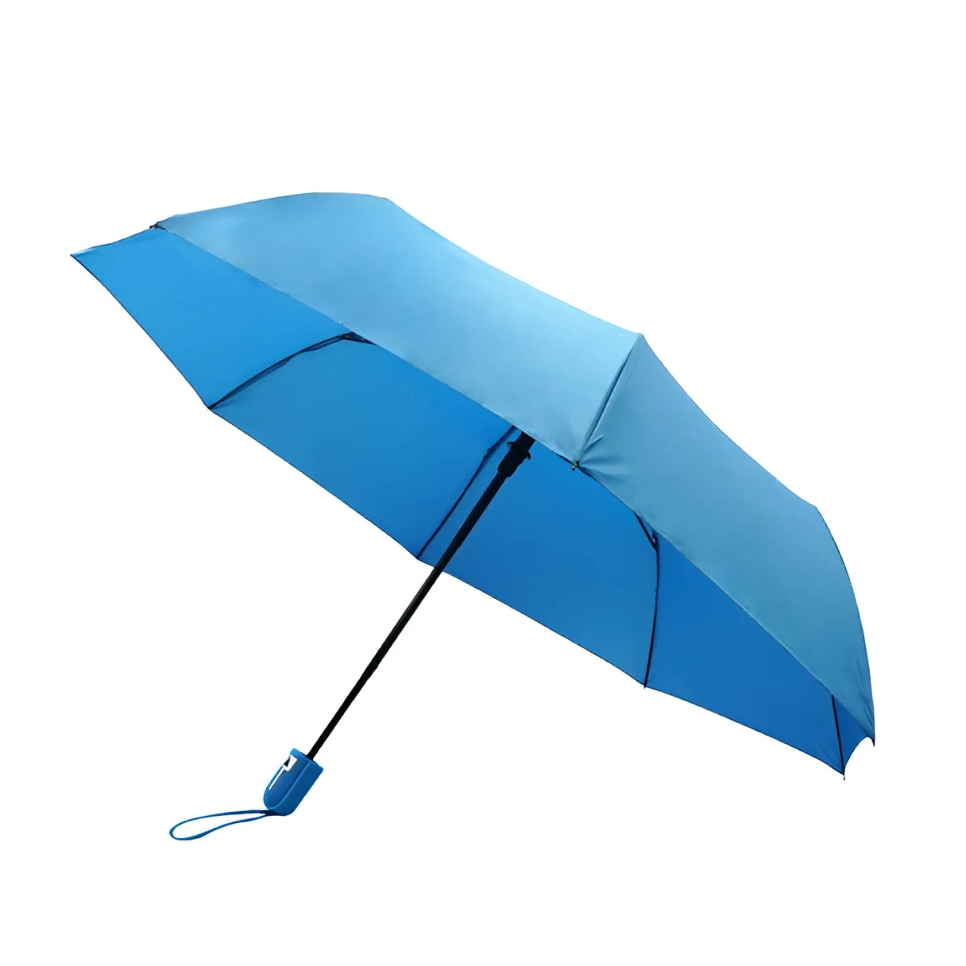 Travel umbrella with a blue compact canopy, sleek black handle, and matching blue grip for easy portability
