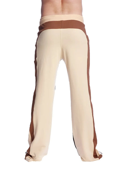 Beige and brown striped tri-color stretch eco-track and yoga sweat pants with comfortable loose fit in sand chocolate and black