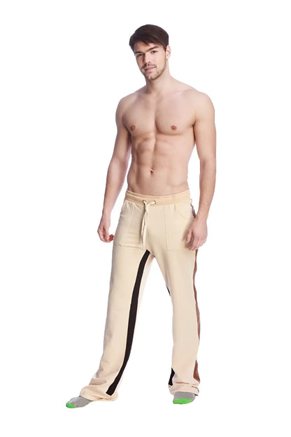 Beige tri-color stretch eco-track and yoga sweat pants with black side stripes and drawstring waistband in sand color