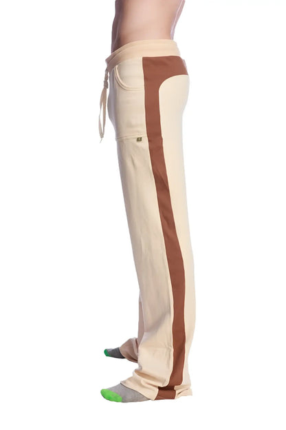 Beige and brown side-striped tri-color stretch eco-track and yoga sweat pants with drawstring waistband in sand, chocolate, and black