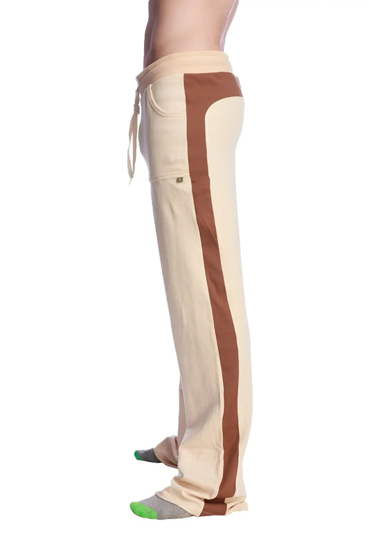 Beige and brown side-striped tri-color stretch eco-track and yoga sweat pants with drawstring waistband in sand, chocolate, and black