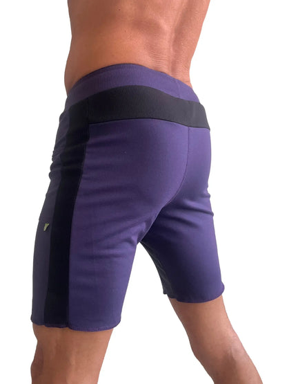 Purple tri-color ultra-flex yoga track shorts with black side panels and elastic waistband for athletic use
