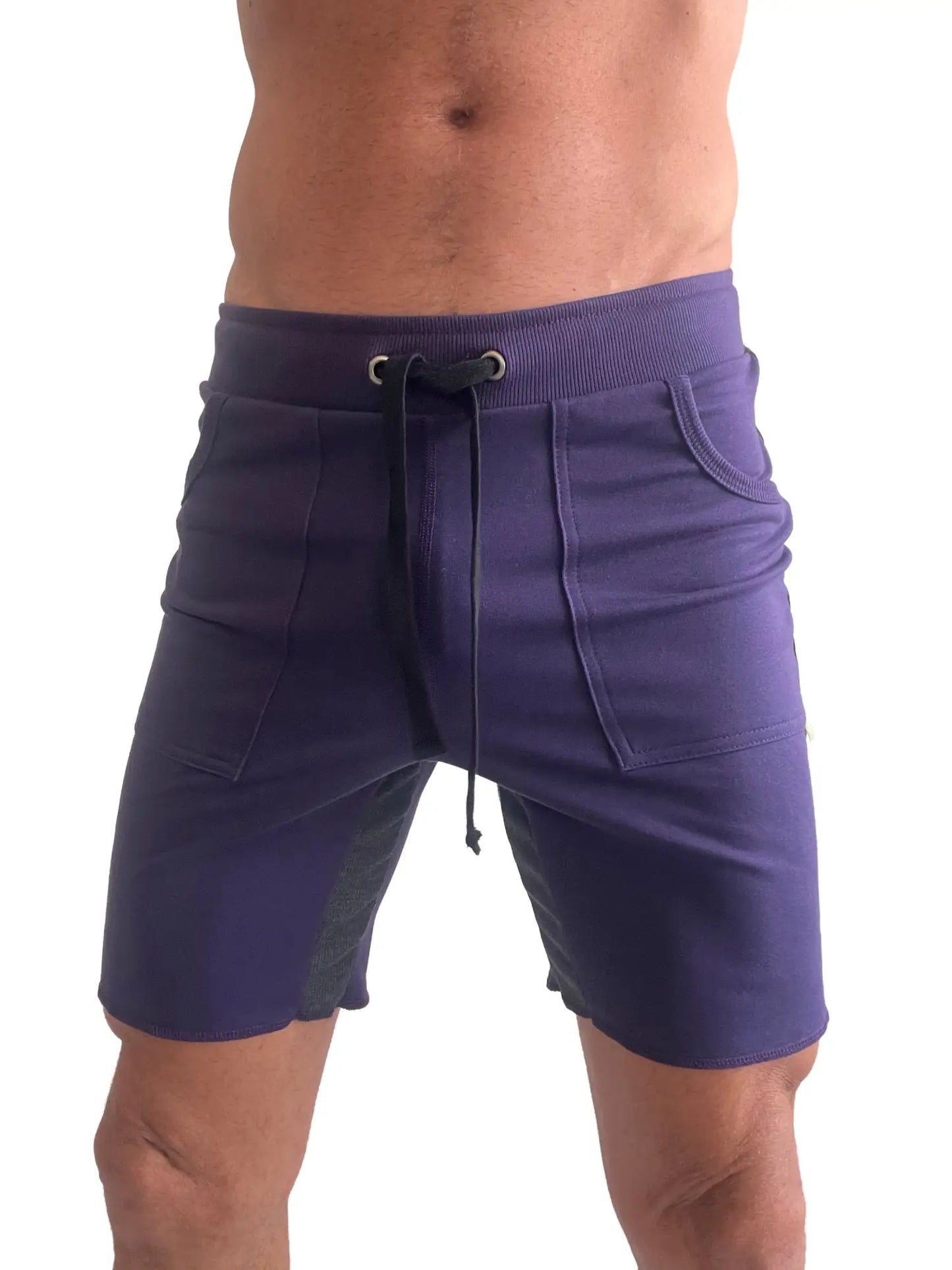Purple tri-color ultra-flex yoga track shorts with drawstring waistband and two front pockets for athletic use