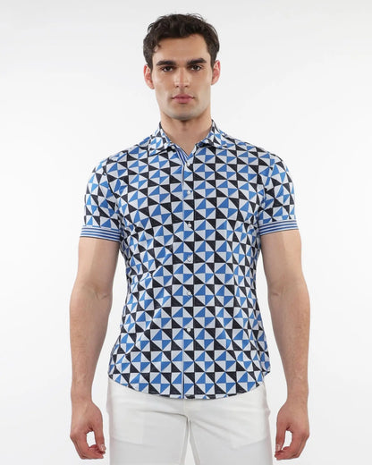 Blue and black geometric patterned short-sleeve performance shirt with button-down front and striped cuffs