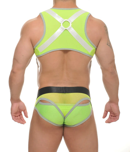 Neon green mesh tribe chest harness underwear set with silver reflective straps and gray trim front view