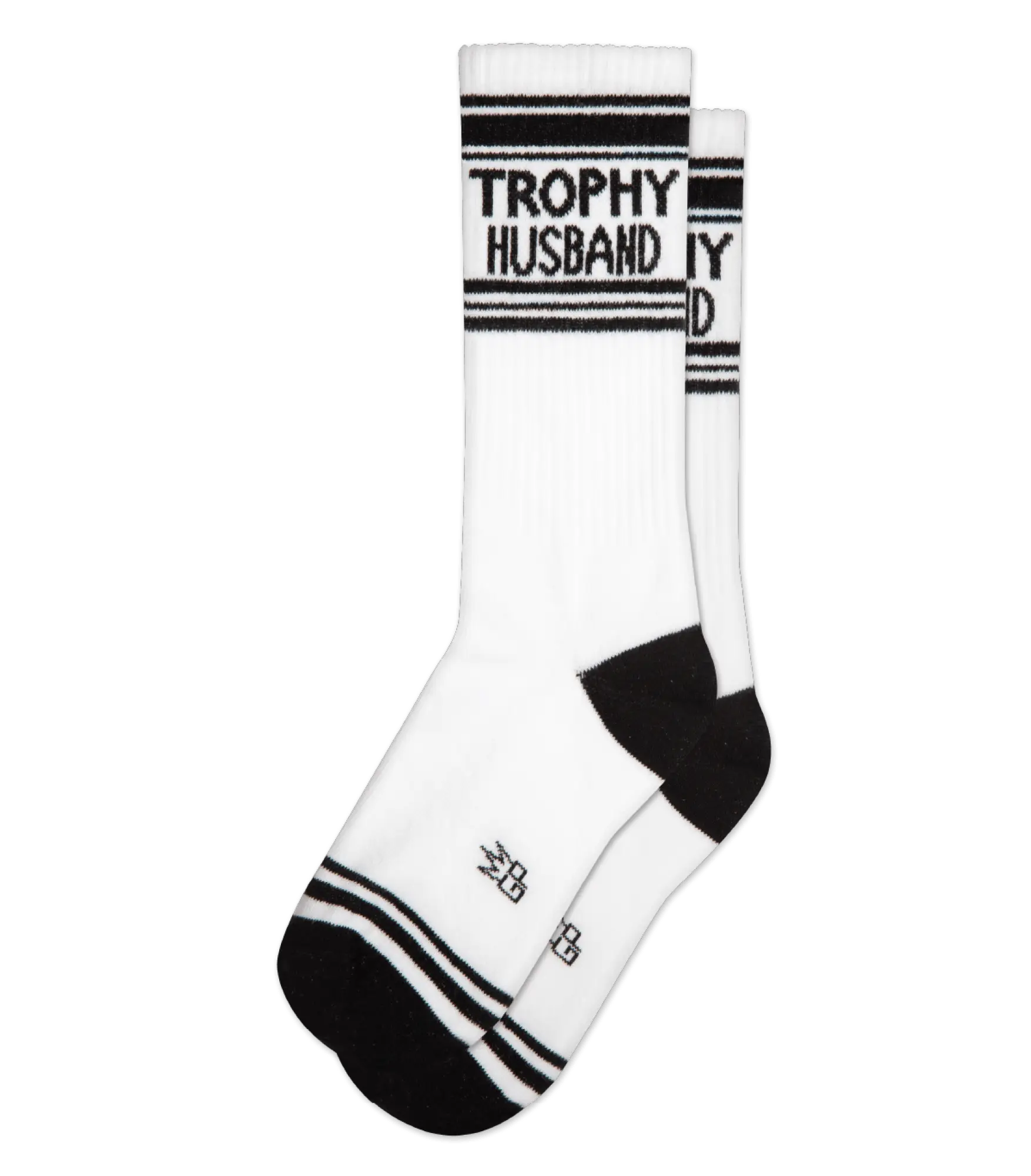 White athletic crew socks with black stripes and trophy husband text on cuff featuring small toe logo