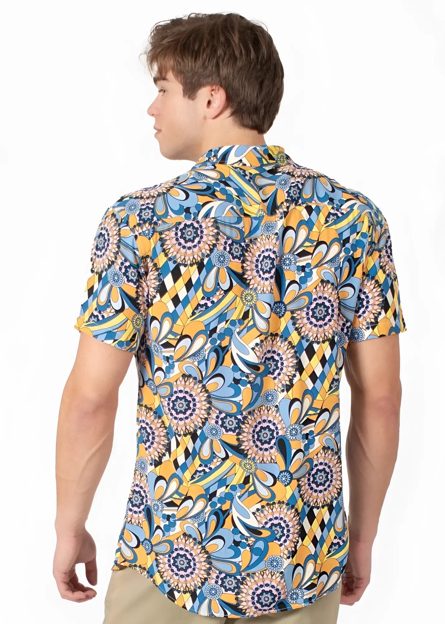 Vibrant blue and yellow floral-patterned tropical abstract short-sleeve button-up shirt with intricate paisley designs