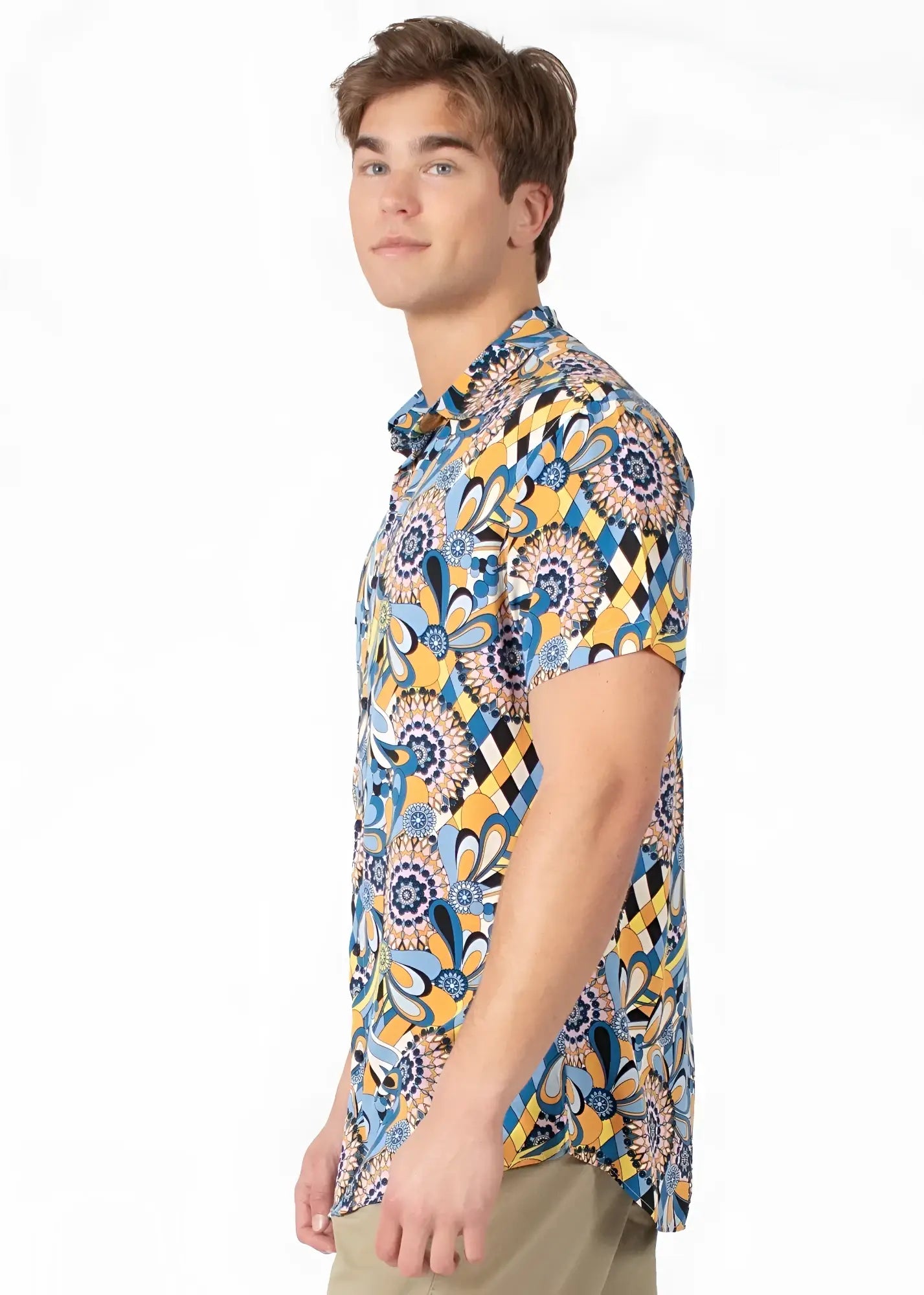 Tropical abstract s s shirt in vibrant blue and yellow with floral and geometric patterns on short sleeves