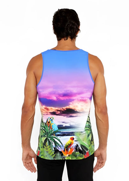 Tropics stretch mesh tank featuring vibrant tropical sunset design with colorful parrots and lush green foliage