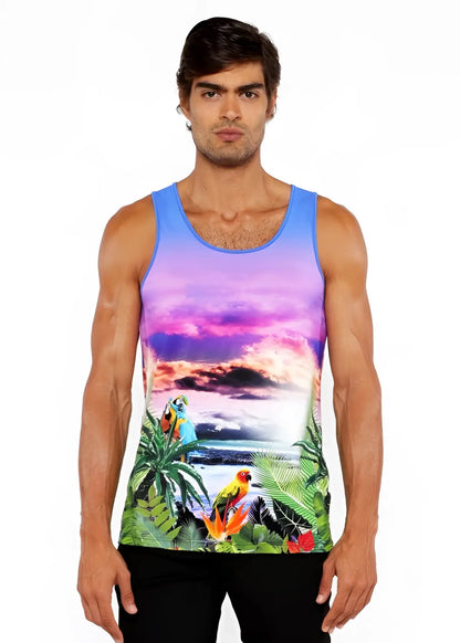 Tropics stretch mesh tank featuring a vibrant tropical sunset design with colorful parrots and lush green foliage