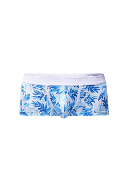 Blue tropical leaf patterned men’s briefs trunk maeha with white elastic waistband for comfortable everyday wear