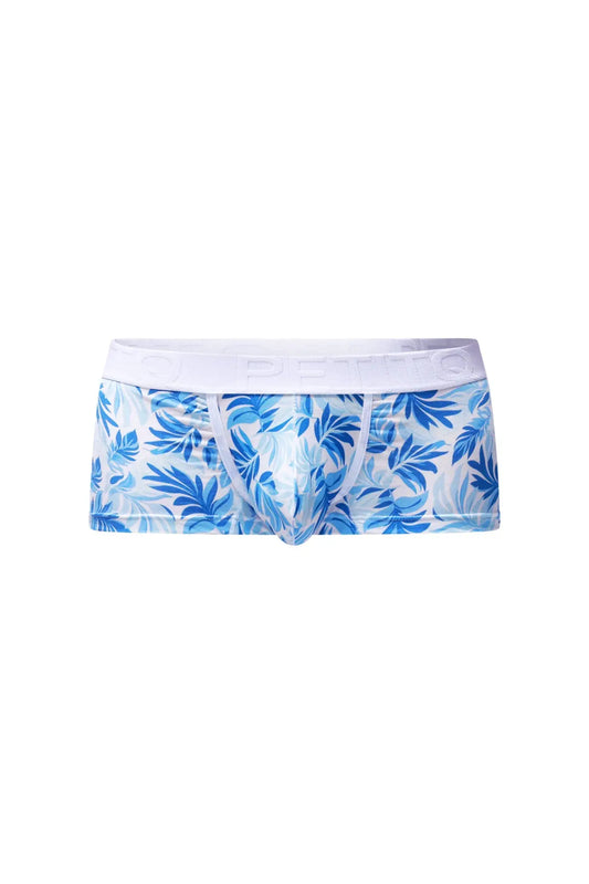Blue tropical leaf patterned men’s briefs trunk maeha with white elastic waistband for comfortable everyday wear