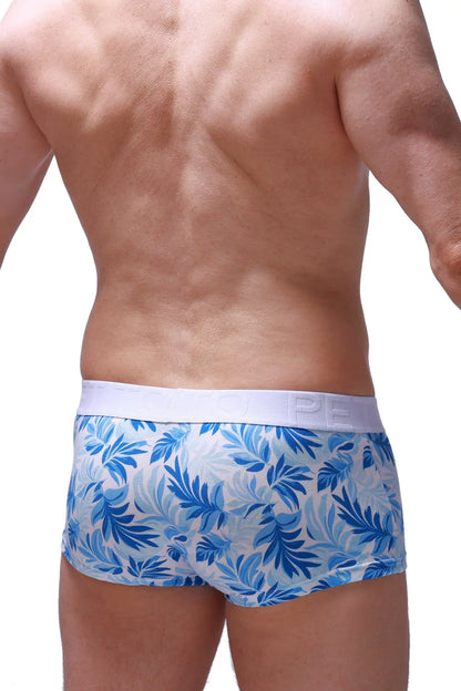 Men’s briefs trunk maeha with blue and white tropical leaf pattern and solid white elastic waistband