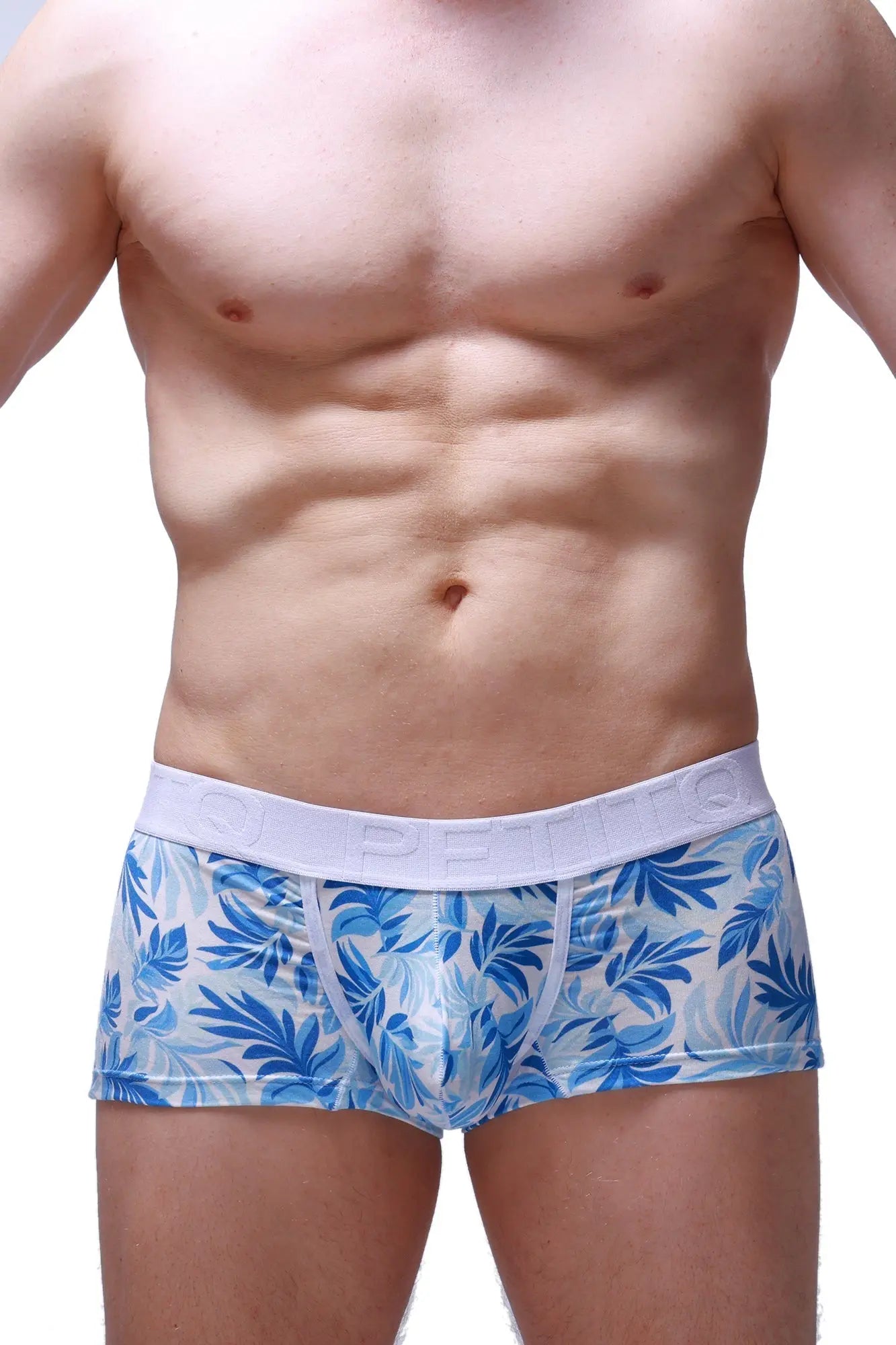 Trunk maeha blue and white tropical leaf patterned men’s boxer briefs with white petitq elastic waistband