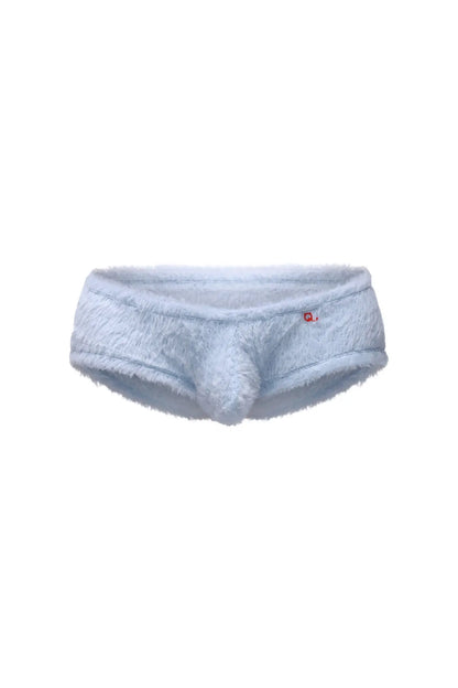 Light blue fuzzy men’s trunk underwear with a soft plush texture and a small red logo on the waistband