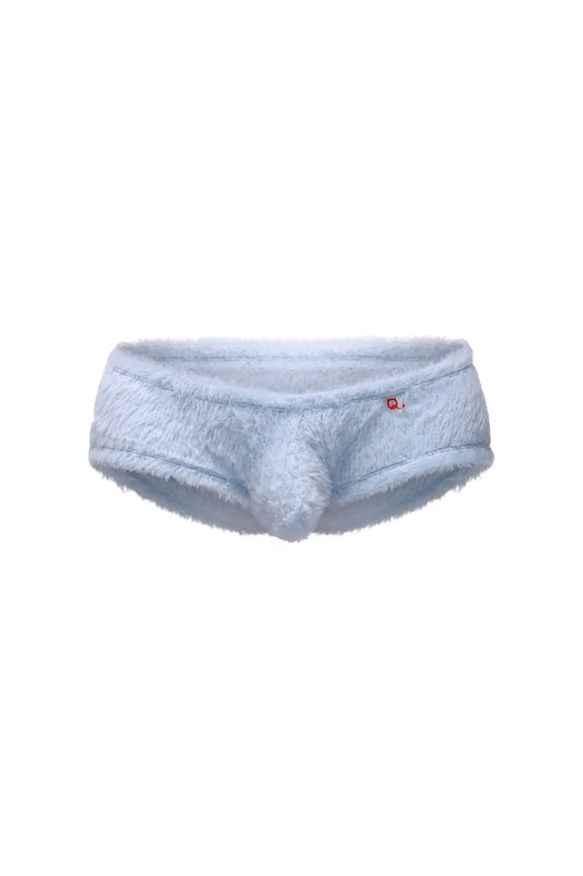 Light blue fuzzy men’s trunk underwear with a soft plush texture and a small red logo on the waistband
