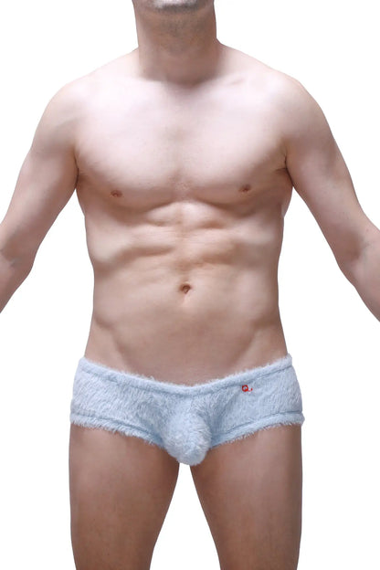 Light blue fuzzy men’s trunk underwear with plush textured material and small red logo on waistband titled trunk yeti blue