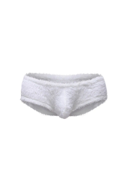 White fluffy lace trim underwear trunk yeti white made of soft textured fabric shown from the back side