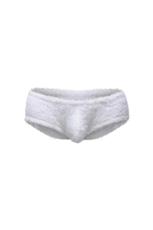 White fluffy lace trim underwear trunk yeti white made of soft textured fabric shown from the back side