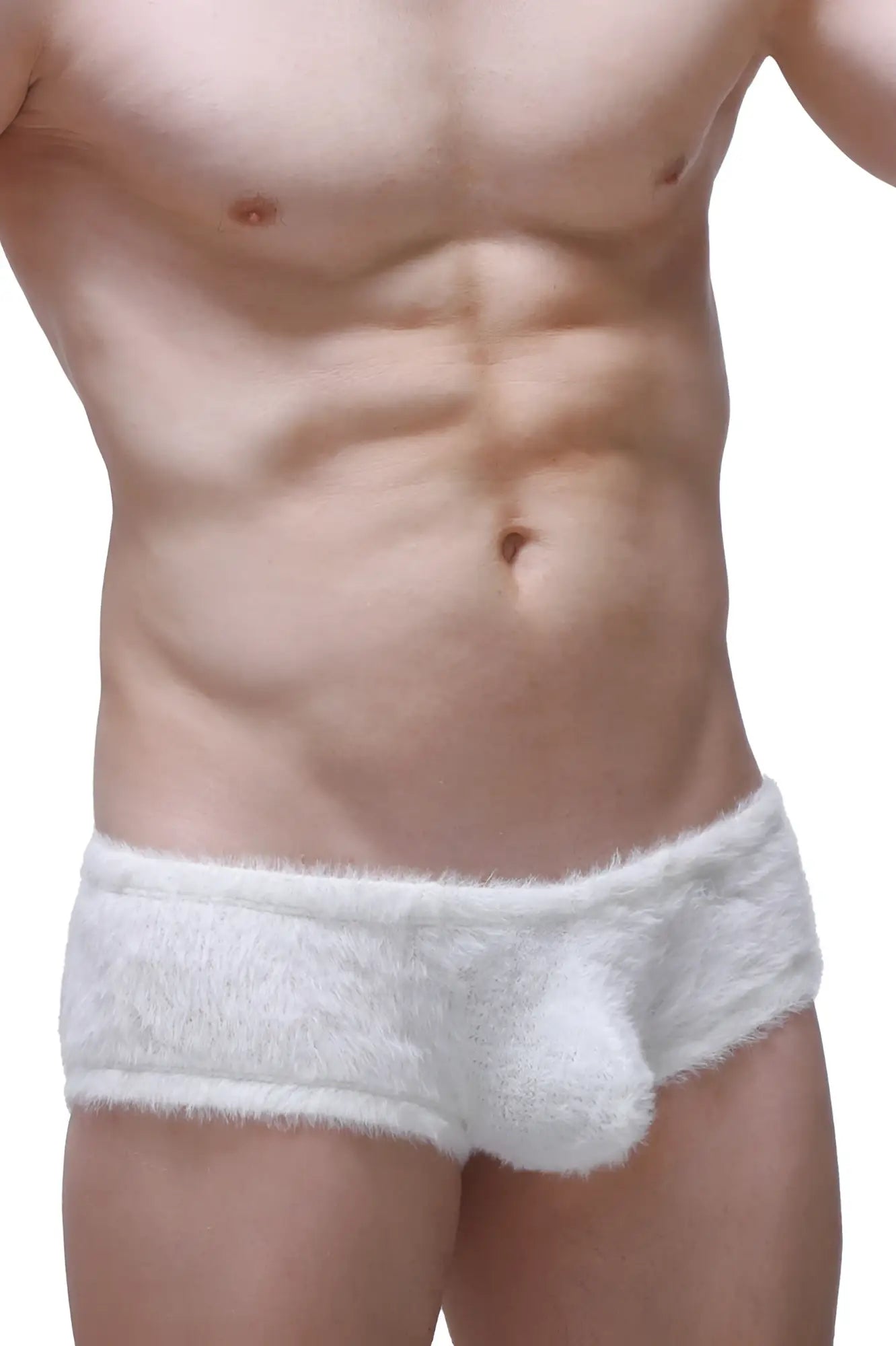 Trunk yeti white briefs in white fluffy plush material with an integrated pouch design for comfort