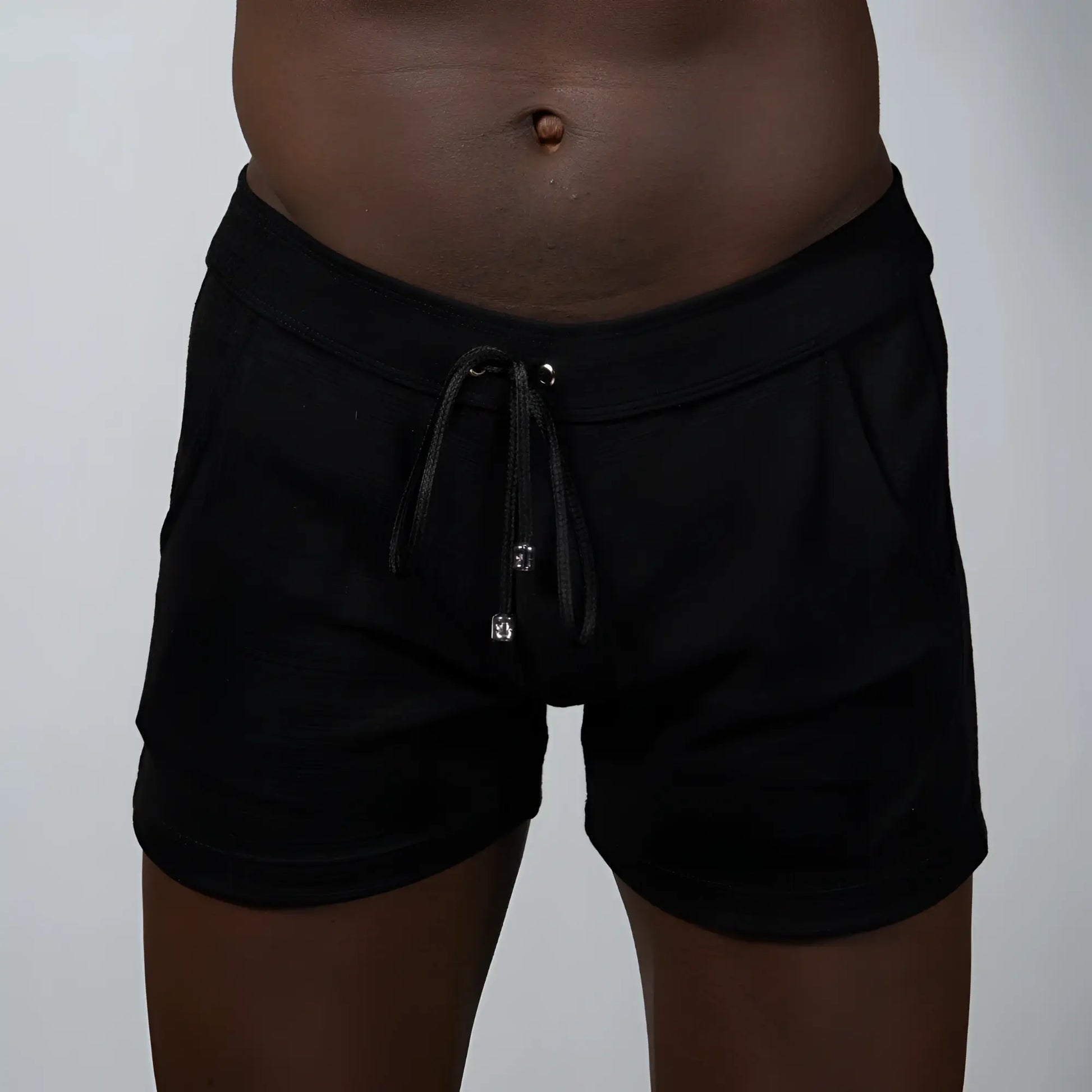 Black tulio linen texture shorts with soft stretchy fabric and subtle side pockets perfect for casual wear