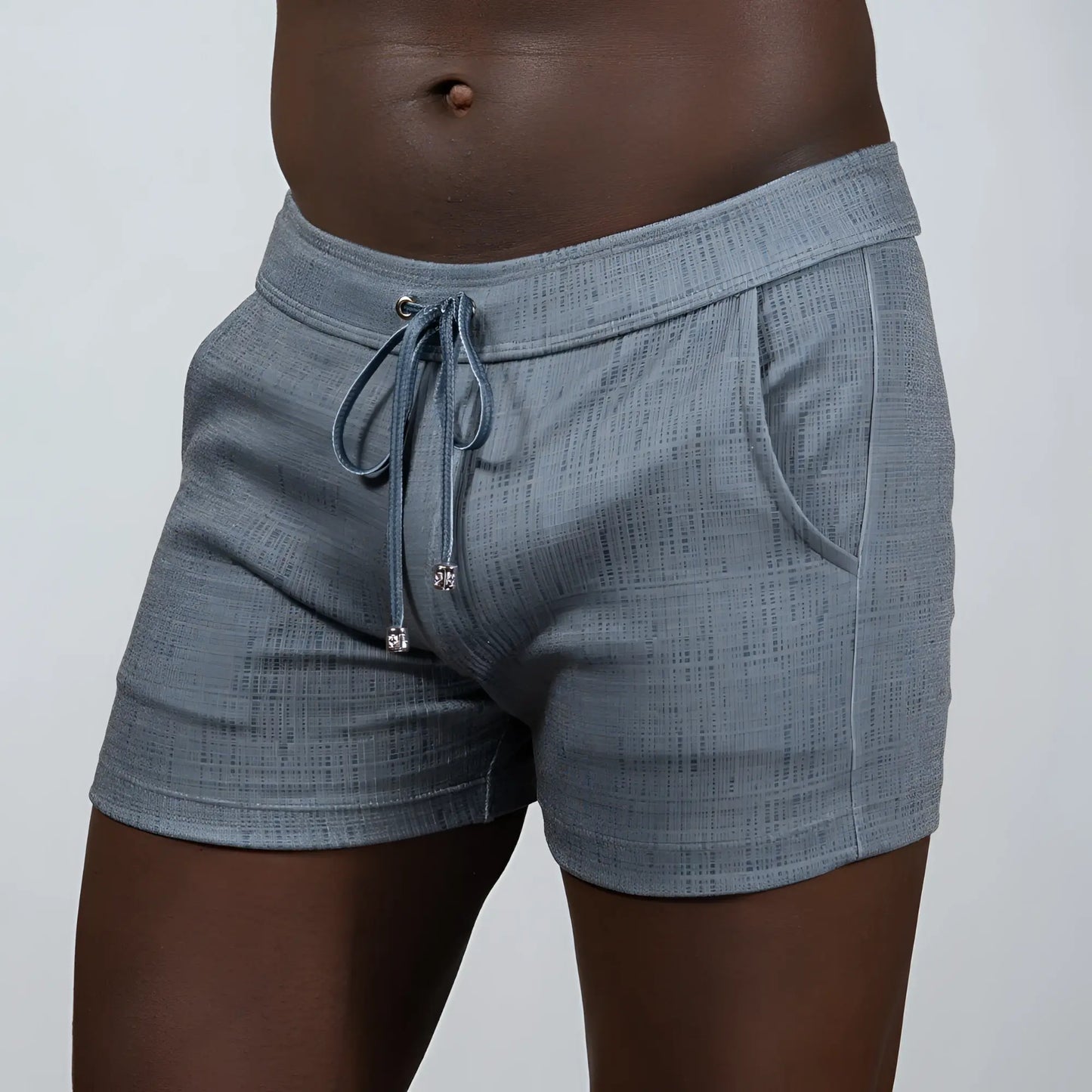Gray tulio linen texture shorts with drawstring waistband and side pockets in linen textured fabric
