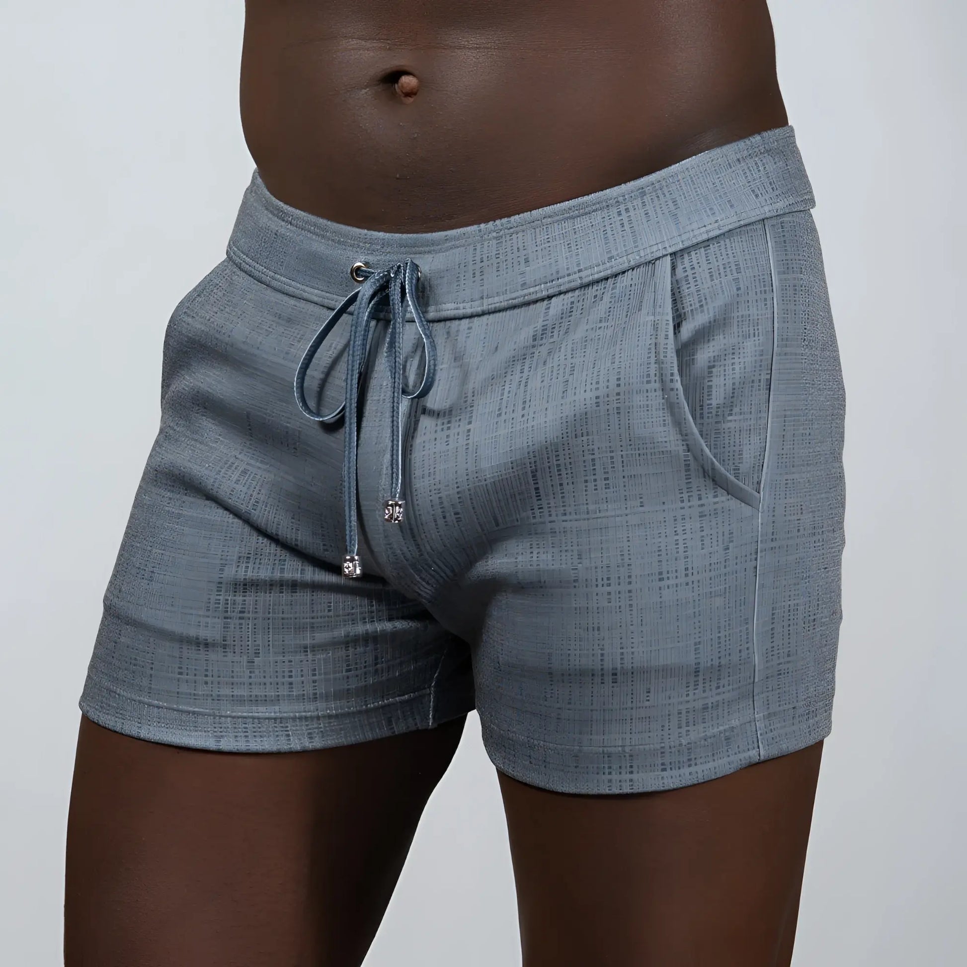 Gray tulio linen texture shorts with drawstring waistband and side pockets in linen textured fabric
