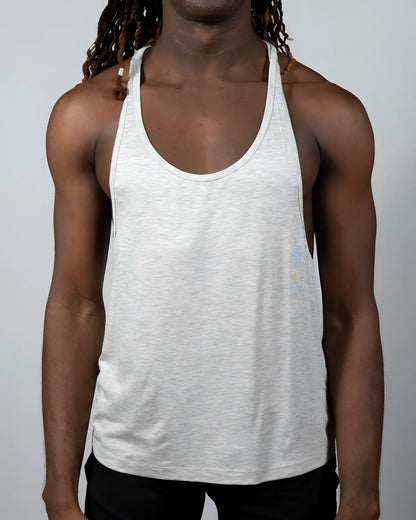 A light gray heathered cotton tulio racerback tank top with a classic racerback design shown from the back side