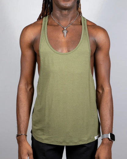 Olive green tulio racerback muscle tank top with scoop neckline and ribbed trim in soft breathable fabric