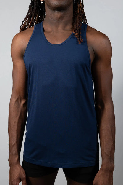Tulio solid tank navy blue sleeveless athletic top with rounded neckline and smooth stretchy fabric