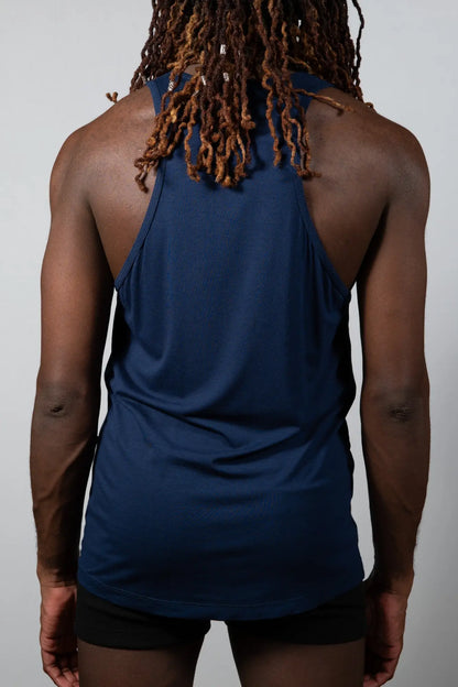 Navy blue sleeveless tulio solid tank athletic top made from breathable fabric for activewear use