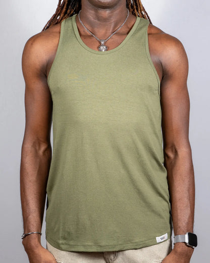 Olive green sleeveless tank top with ribbed neckline and hem and a white tulio brand tag at the bottom right corner